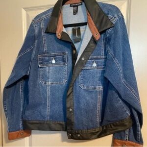 Angel Kiss Men's Blue Denim Jacket with Black and Brown Trim